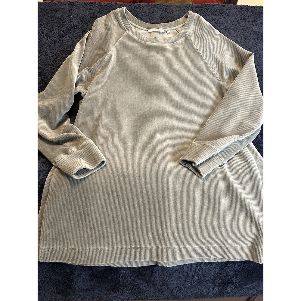 Soft Surroundings Green Ribbed Button Back Velour Sweater Tunic Women's Size LG
